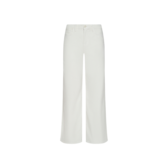 The Alicent Wide-Leg Jean in white, shown against a plain white background, features a high-rise fit, front pockets, and a button and zip closure.