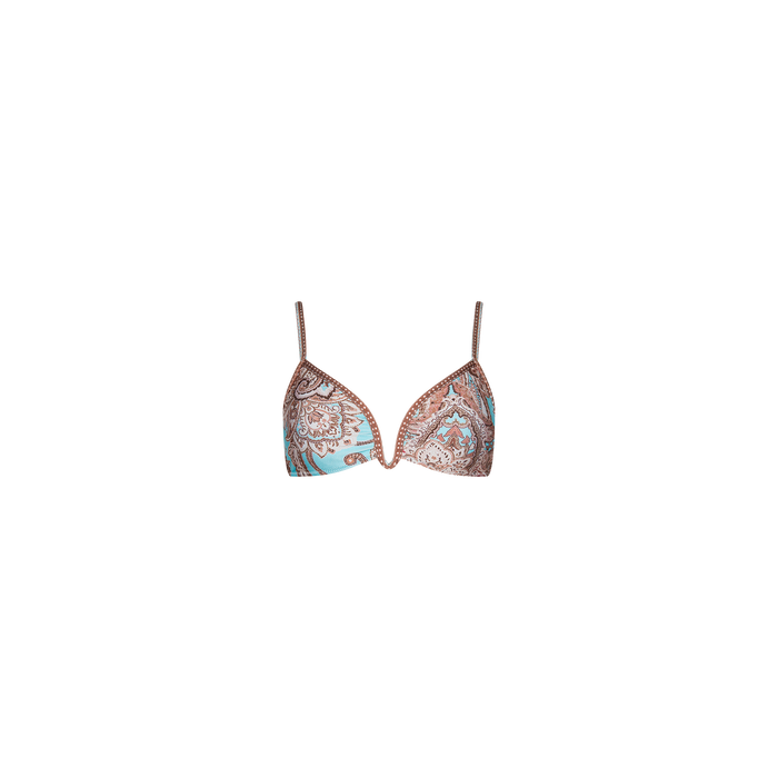 The Alisha Bikini Top features a paisley pattern in shades of brown and light blue, has thin straps, offers UPF 50 protection, and is perfect for mixing and matching with other swim separates. It is displayed on a plain white background.