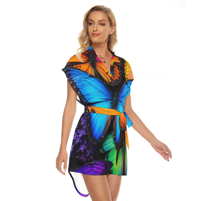 All-Over Print Women's Stand-up Collar Casual Dress With Belt