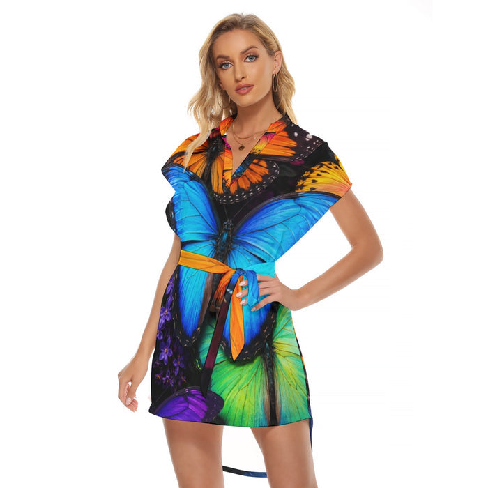 All-Over Print Women's Stand-up Collar Casual Dress With Belt