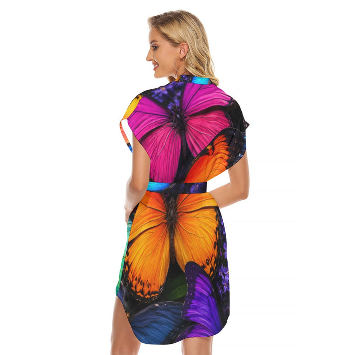 All-Over Print Women's Stand-up Collar Casual Dress With Belt