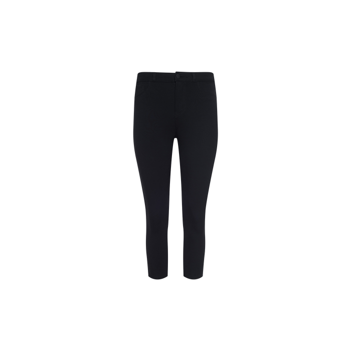 Amaris Pedal Pusher black slim-fit cropped pants, featuring a body-hugging silhouette, front button and zipper closure, and side pockets, displayed on a white background from the front.