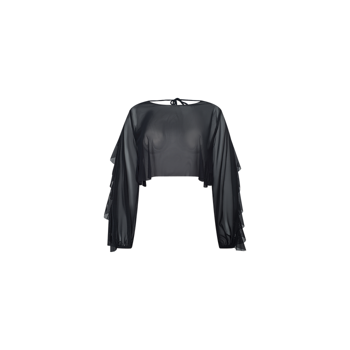 The Ambala Mesh Cover-Up Top is a sheer black long-sleeve cropped blouse with ruffle details on the sleeves and a tie closure at the back neck, featuring a chic cropped silhouette, displayed against a plain white background.