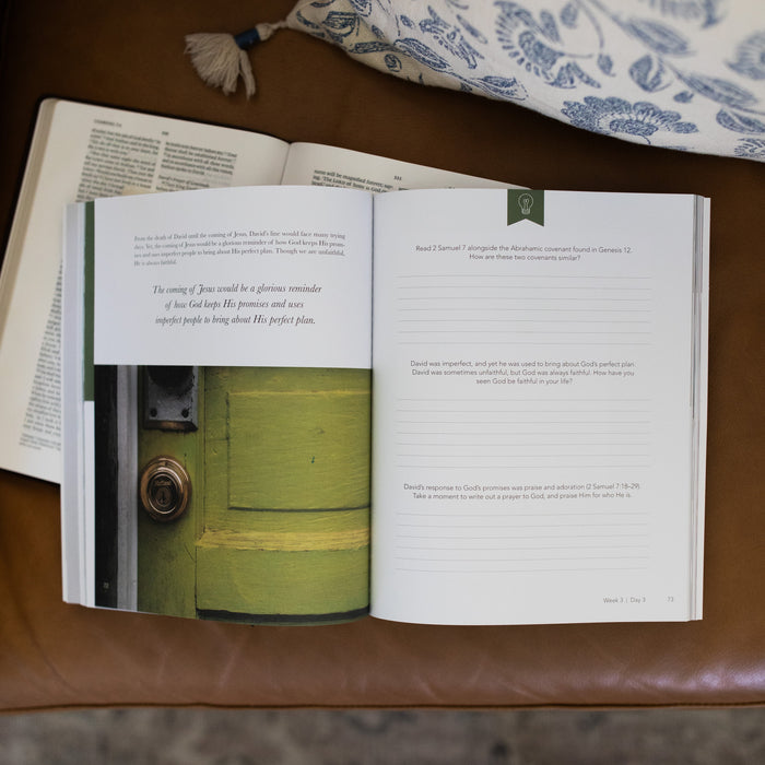 Amen from Eden to Eternity Matte Study opened to Week 3 and Day 3 Questions  page laying on an open bible on a brown leather couch next to a white and blue decorated pillow
