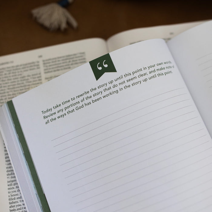 Amen from Eden to Eternity Matte Study opened to a questions page up close laying on an open bible