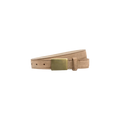 The Amis Suede Belt, a tan suede skinny belt featuring a gold-plated buckle and handcrafted in LA, is coiled neatly on a white background.