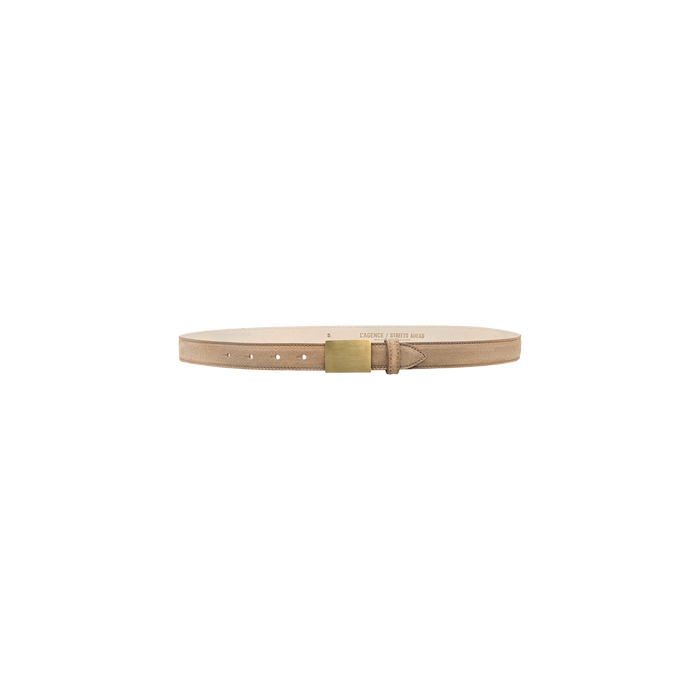 The Amis Suede Belt, featuring a gold-plated rectangular buckle, is displayed against a plain white background.
