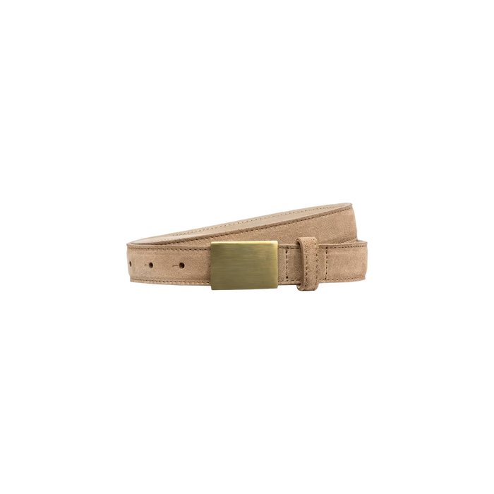 The Amis Suede Belt, featuring a gold-plated buckle, is coiled on a white background and handcrafted in LA.