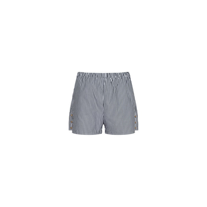 The Amiya Cover-Up Short features blue and white vertical stripes in cotton poplin, designed with an elastic waistband—ideal for resort dressing—and is displayed on a plain white background.