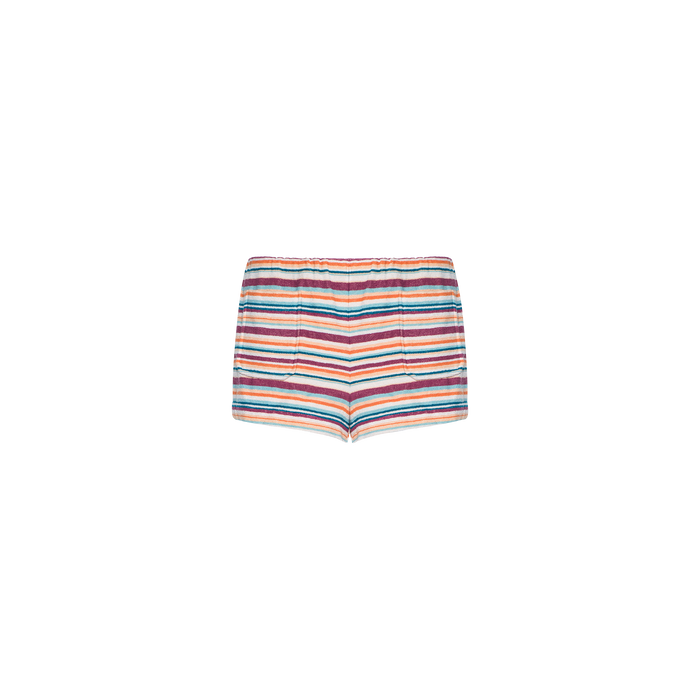 The Amiya Cover-Up Short features hot, short terrycloth fabric with colorful horizontal bands in red, blue, orange, green, and white—perfect for poolside lounging and displayed against a plain white background.