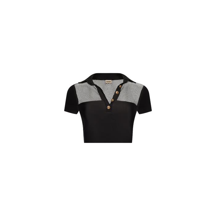 The Anastasia Swim Top is a black short-sleeve polo featuring a collar, three brown buttons, and black-and-white checkered panels on the shoulders and upper chest, adding a touch of beachside sophistication to your wardrobe.