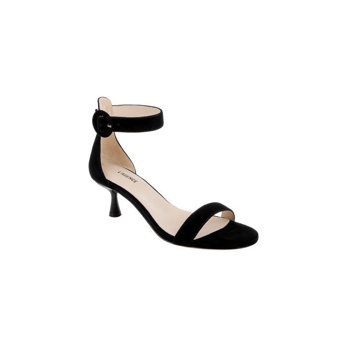 The Andelle Kitten-Heel Sandal, featuring black suede, an ankle strap with buckle, open toe design, memory foam insole, and a low kitten heel, is displayed on a white background.