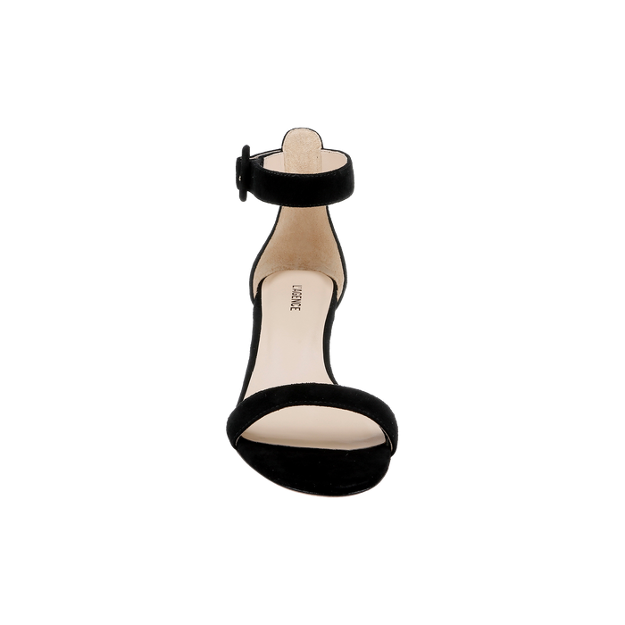 The Andelle Kitten-Heel Sandal in black suede is displayed from the front against a plain white background. Featuring an open toe and an ankle strap, this high-heeled sandal is designed for comfort with a memory foam insole.