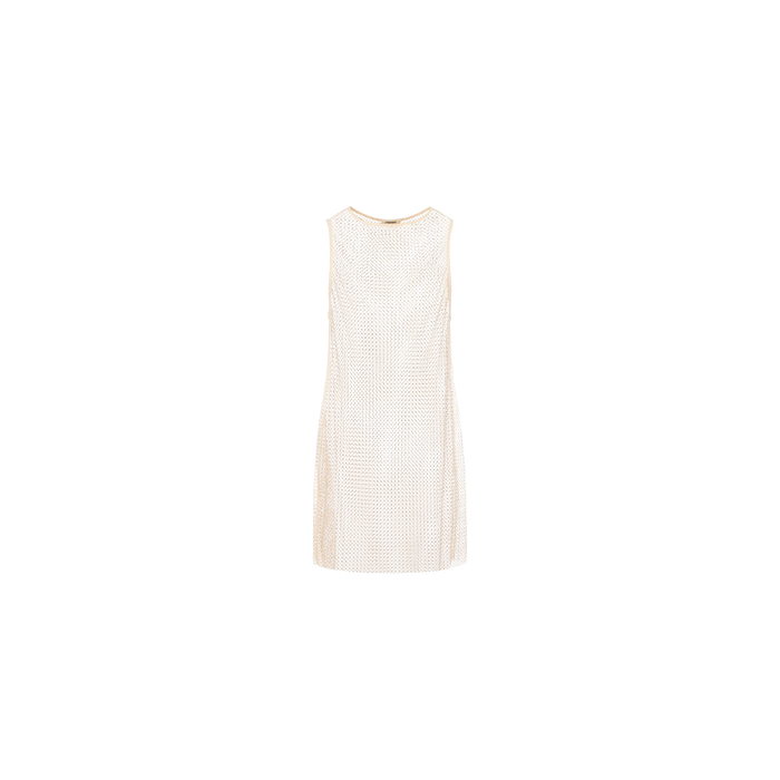 The Angela Mesh Cover-Up Dress is a sleeveless cream-colored dress with a subtle textured dot pattern, shown on a plain white background. This knee-length cover-up features a simple, classic design accented by delicate crystal embellishments.