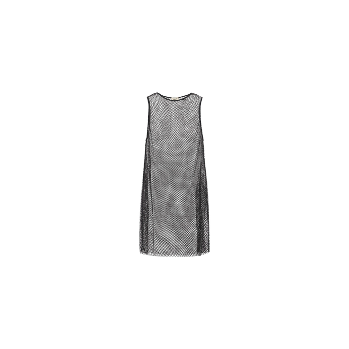 The Angela Mesh Cover-Up Dress is a sleeveless black mesh minidress shown against a plain white background. Featuring a straight cut and a gently rounded neckline, this dress is perfect to wear as a stylish swimsuit cover-up.