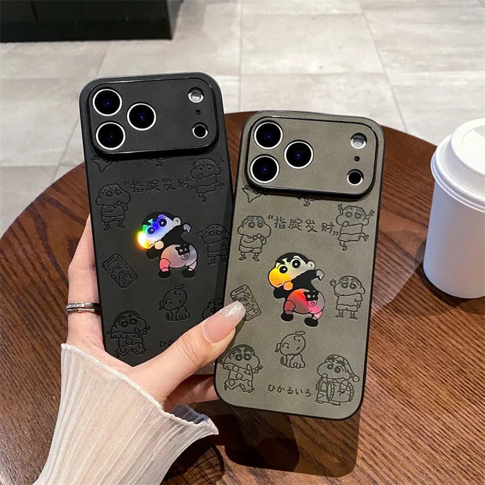 Anime Crayon Shin-chan Butt Emboss Laser Faux Leather Phone Case For iPhone PhoneShells