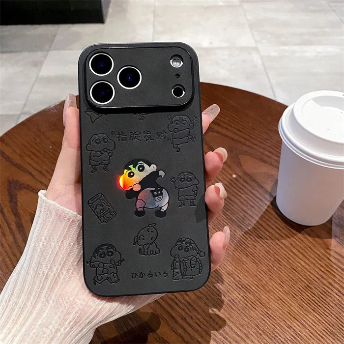 Anime Crayon Shin-chan Butt Emboss Laser Faux Leather Phone Case For iPhone PhoneShells