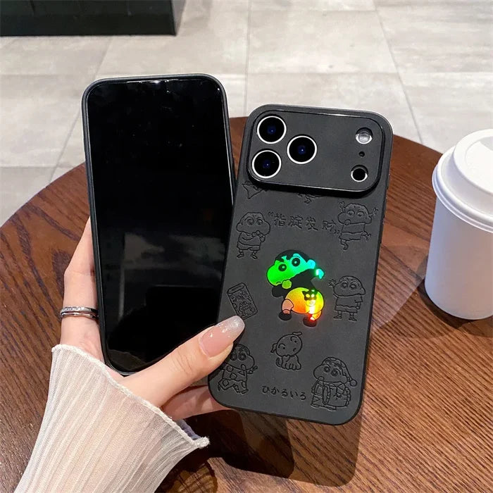 Anime Crayon Shin-chan Butt Emboss Laser Faux Leather Phone Case For iPhone PhoneShells