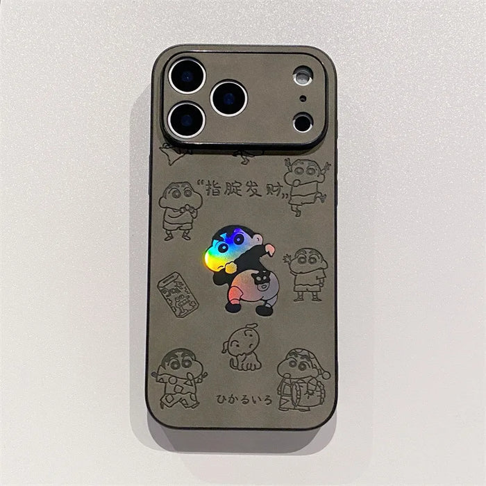 Anime Crayon Shin-chan Butt Emboss Laser Faux Leather Phone Case For iPhone PhoneShells