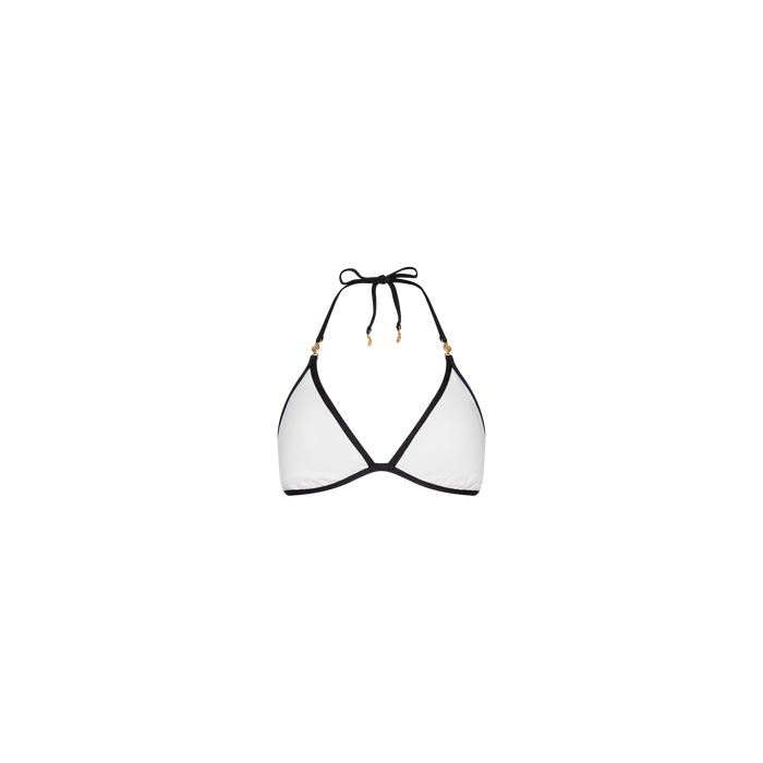 The Annabelle Bikini Top features a white triangle silhouette with black trim and adjustable string ties at the neck and back, ensuring a customizable fit. It is displayed on a plain white background.