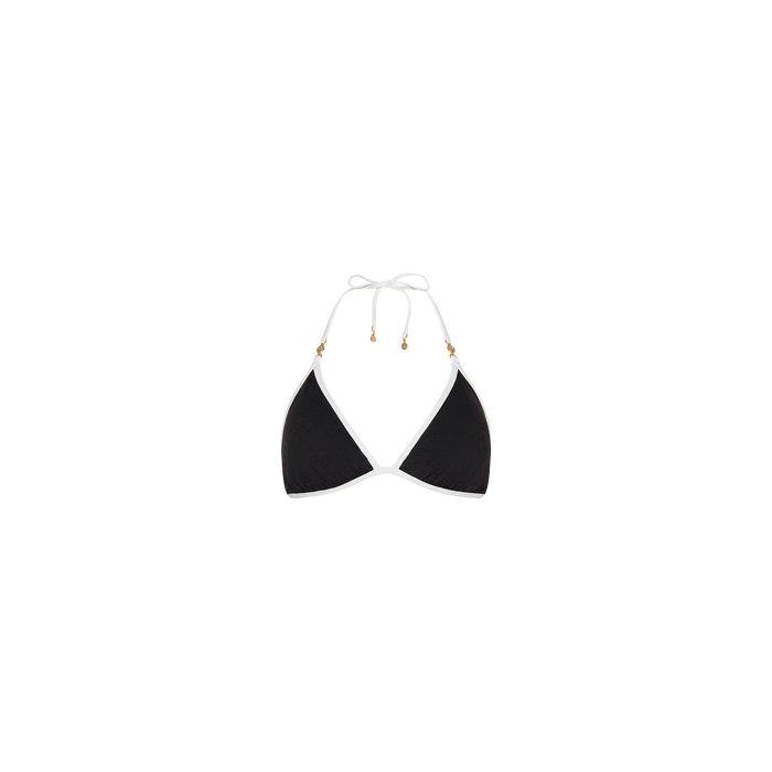 The Annabelle Bikini Top is a black triangle bikini top with a halter neck tie and gold embellishments at the ends of the strings, designed for an adjustable fit and shown against a plain white background.