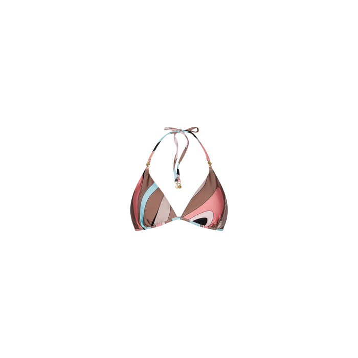 The Annabelle Bikini Top showcases a vibrant abstract swirl print in pink, brown, teal, and beige tones. Designed with gold bead accents on the straps and a classic triangle silhouette, this halter bikini top is crafted from UPF 50 stretch nylon. Displayed on a white background.