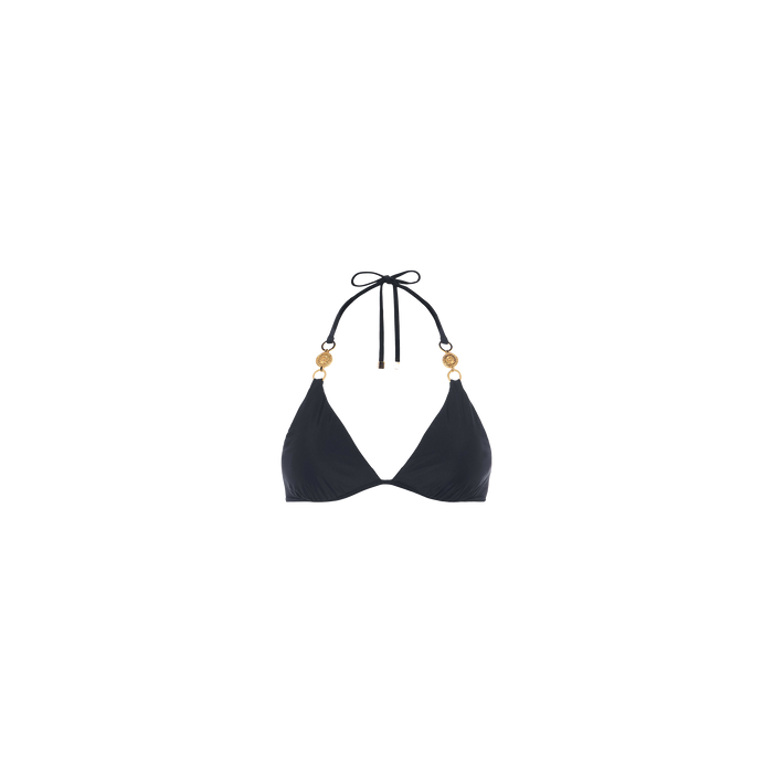 The Annabelle Triangle Bikini Top is a black halter-neck style featuring gold coin hardware accents on the straps and adjustable ties for a customizable fit. It is displayed against a plain white background.