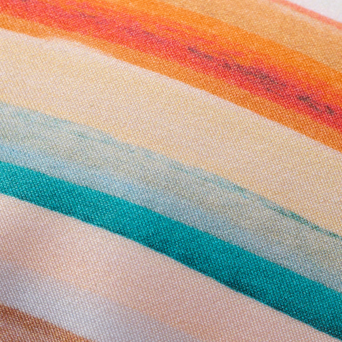 Close-up of the Annabelle Triangle Bikini Top fabric, featuring horizontal, retro-inspired stripes in orange, red, yellow, teal, and light blue tones. The visible texture highlights the weave and vibrant pattern.