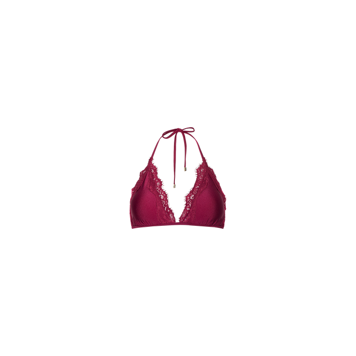 The Annabelle Triangle Bikini Top, shown in burgundy with a halter neckline and adjustable tie closure at the neck, features delicate lace trim and is displayed on a plain white background.