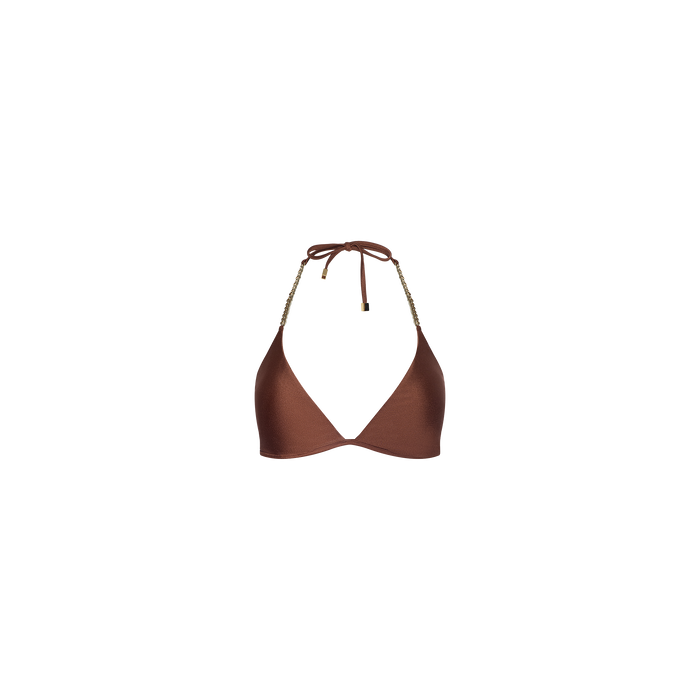 Annabelle Triangle Bikini Top in bronze, featuring a halter neck and luxe hardware chain strap details, displayed on a plain white background.