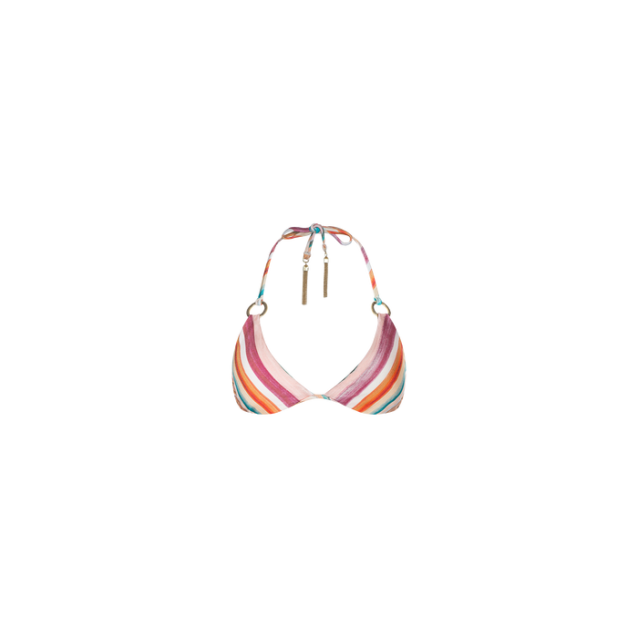 Introducing the Annabelle Triangle Bikini Top—a halter style featuring a triangle silhouette with retro-inspired stripes in pink, orange, red, and white. This top includes ring accents and adjustable string ties at the neck adorned with tassels for a customizable fit.