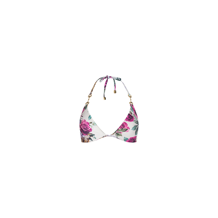 The Annabelle Triangle Bikini Top showcases a classic triangle silhouette with a floral print of pink and purple roses, featuring a halter neck tie and gold accents, displayed on a white background.