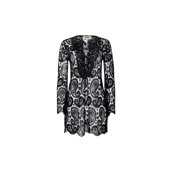 Ansley Cover-Up Dress—a black long-sleeve mini dress with intricate paisley crochet and lace patterns, featuring a scalloped hem and a V-shaped neckline, displayed on a plain white background.