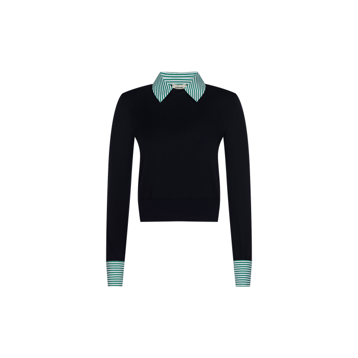 The April Poplin Collar Pullover is a black, long-sleeve featherweight knit sweater featuring a teal, white, and navy striped poplin collar and matching striped cuffs, displayed on a white background.