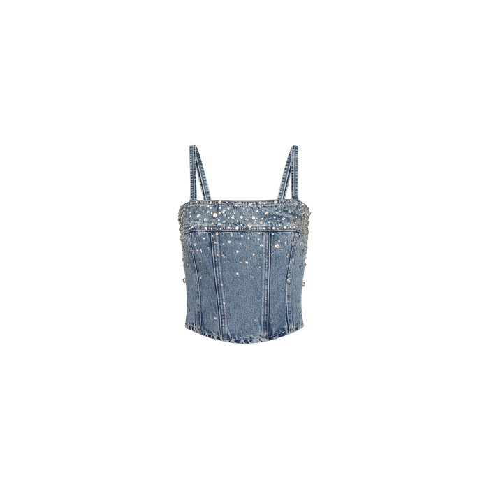 The Arlin Embellished Tank is a cropped denim corset top featuring thin straps and decorative crystal studs, shown against a plain white background.