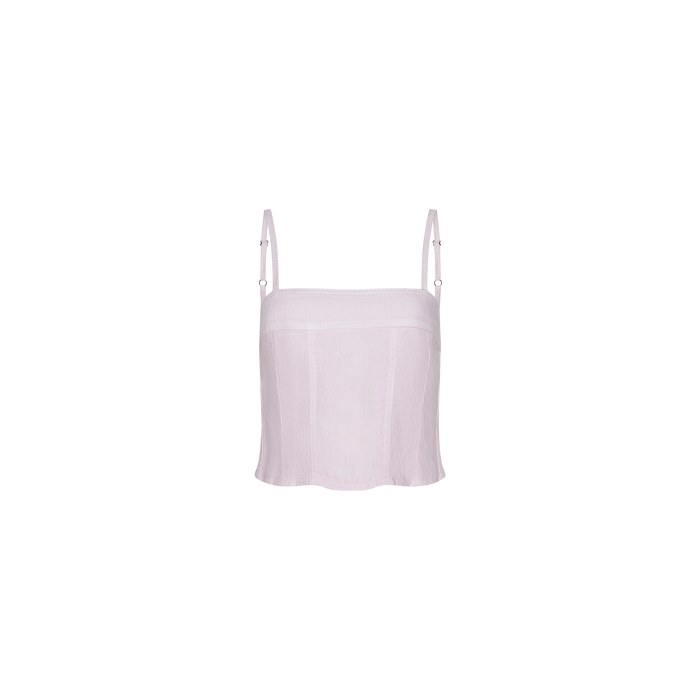 Arlin Linen Tank: A light lavender, sleeveless cropped corset top featuring thin adjustable shoulder straps, a square neckline, and a fitted silhouette with a slightly flared hem. Shown against a plain white background.