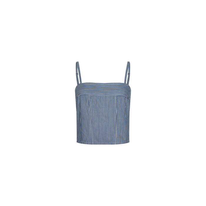 Arlin Tank featuring blue stripes, thin spaghetti straps, a square neckline, and a straight hem, displayed on a plain white background.