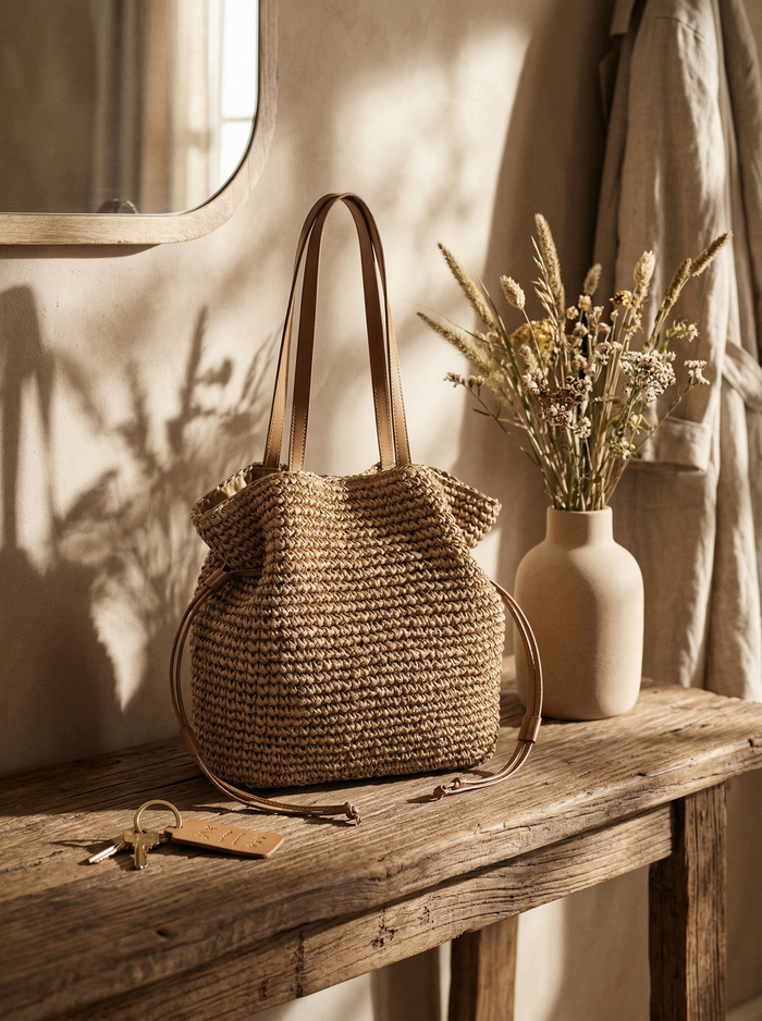 Artisanal Hand-Crocheted Straw Bucket Bag LINTICO