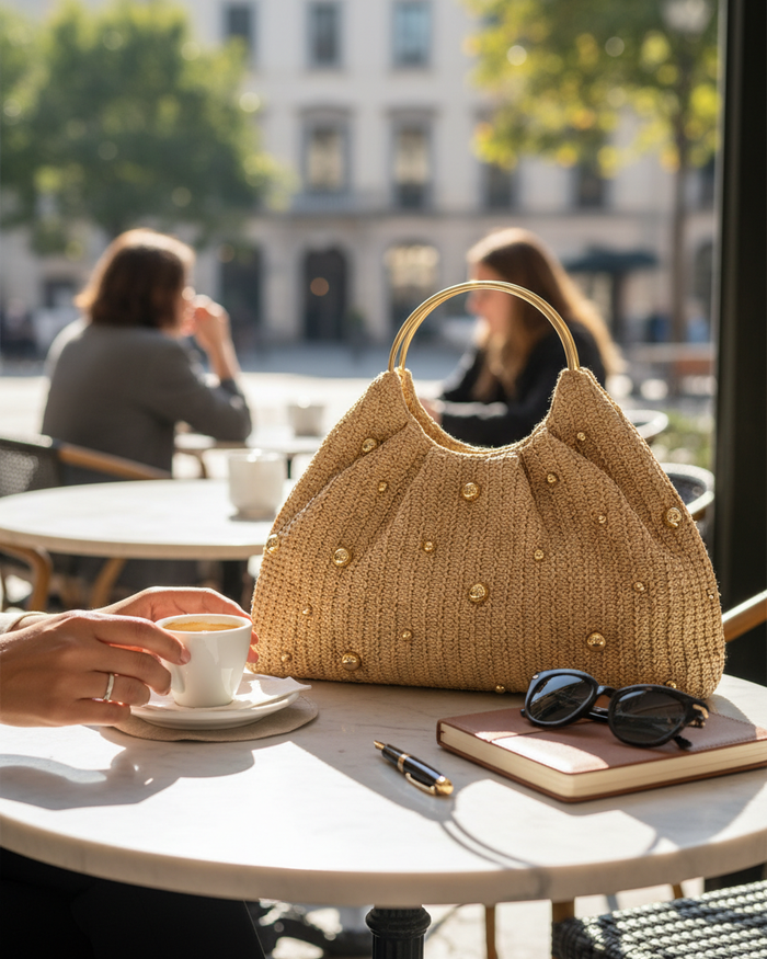 Artisanal Studded Handwoven Raffia Bag with Sculptural Gold Ring Handle LINTICO