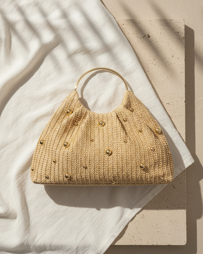 Artisanal Studded Handwoven Raffia Bag with Sculptural Gold Ring Handle LINTICO