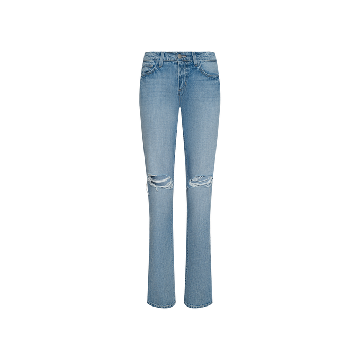 Ashby Low-Rise Slouch Jean in light blue denim features a low-rise fit, five classic pockets, and ripped knees. These vintage-inspired jeans have a slightly flared leg and are showcased against a plain white background.