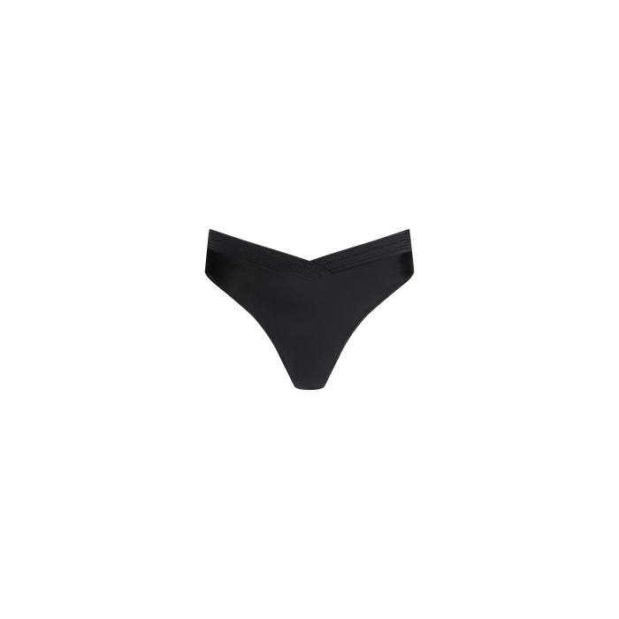Ashleigh Bikini Bottom in black, featuring trapunto stitching and a V-shaped waistband, displayed on a plain white background.