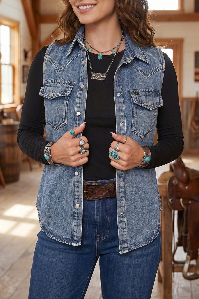 Ashleigh Blue Solid Denim Button Front Pocket Sleeveless Cowboy Vest Shewin