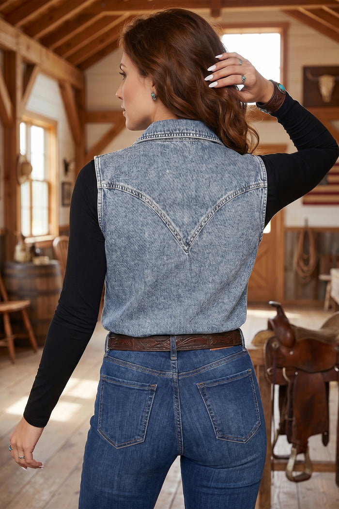 Ashleigh Blue Solid Denim Button Front Pocket Sleeveless Cowboy Vest Shewin