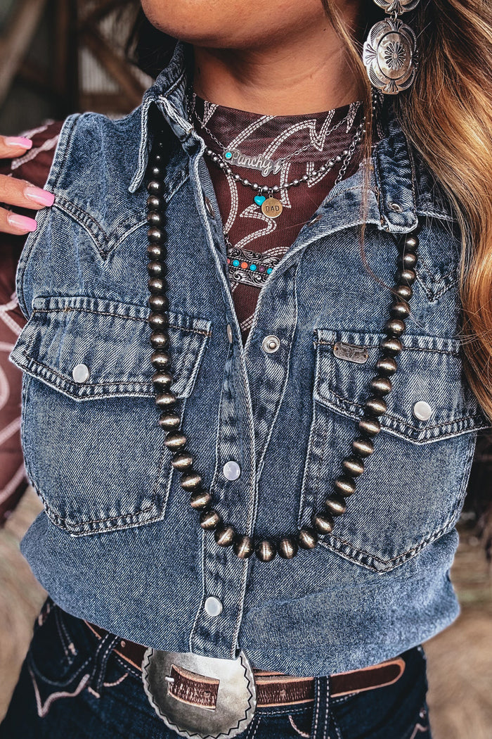 Ashleigh Blue Solid Denim Button Front Pocket Sleeveless Cowboy Vest Shewin