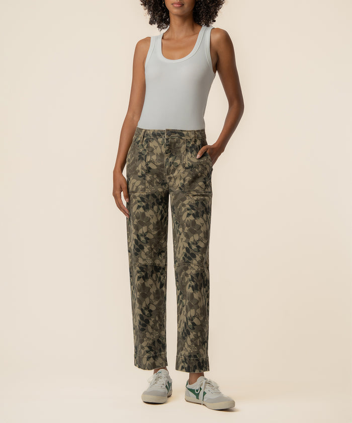 Olive floral print relaxed leg pants with front pockets and straight leg silhouette.