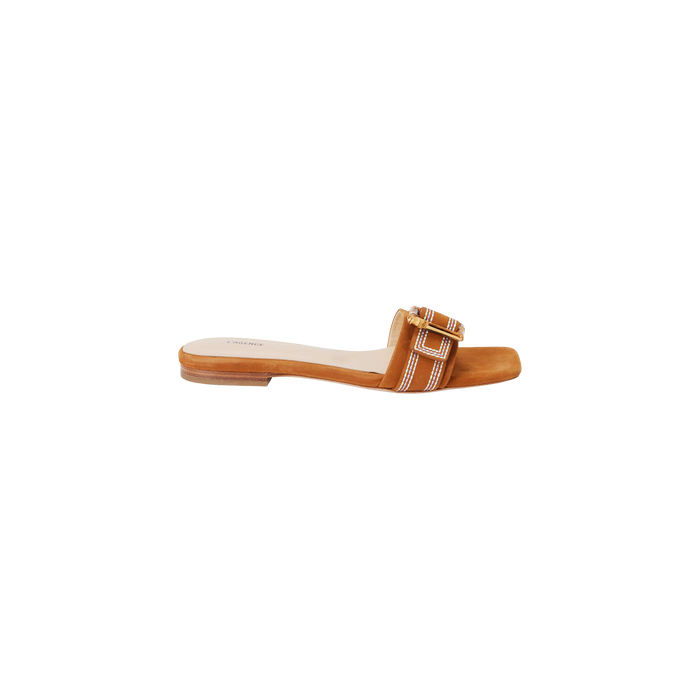Introducing the Aurelie Buckle Sandal: a brown, square-toed sandal featuring a single wide strap adorned with white and brown stripes and accented by a decorative bamboo buckle, displayed against a plain white background.
