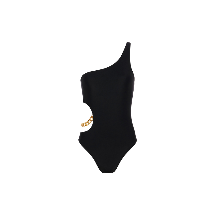 Ava Chain One-Piece Swimsuit in black, featuring a curve-enhancing side cutout and bold gold chain detail, displayed against a plain white background.