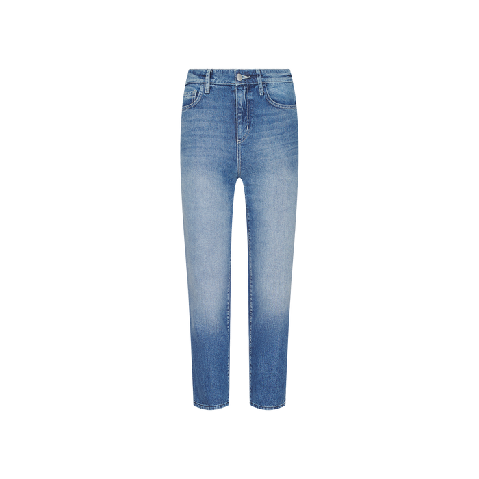 The Avena Slim-Leg Jean is displayed on a plain white background, featuring a blue faded wash, high rise fit, straight legs, front pockets, belt loops, and a button and zipper closure.
