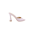 The Avery Leather Open-Toe Mule is shown from the side on a white background, featuring a single pastel lilac design with an open toe and a sculpted stiletto heel.